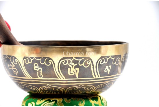 Green Tara Tibetan Singing Bowl with Om Mani Padme Hum Mantra & Double Dorje Design