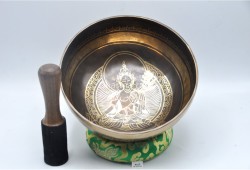 Green Tara Tibetan Singing Bowl with Om Mani Padme Hum Mantra & Double Dorje Design