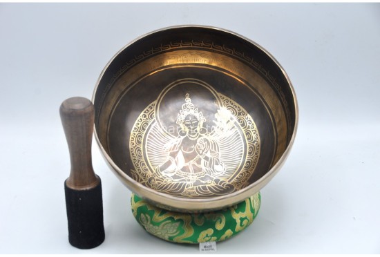 Green Tara Tibetan Singing Bowl with Om Mani Padme Hum Mantra & Double Dorje Design