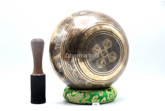 Green Tara Tibetan Singing Bowl with Om Mani Padme Hum Mantra & Double Dorje Design