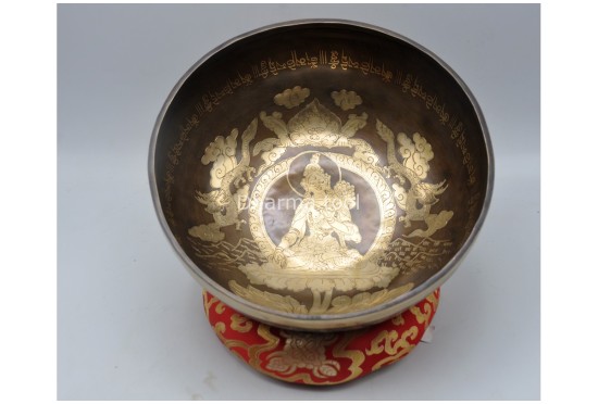 Green Tara Tibetan Singing Bowl with Tibetan Mantra & Sacred Conch Design