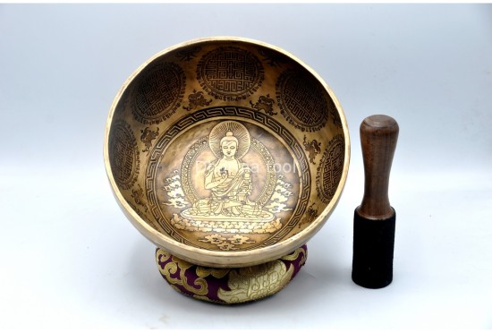 Amoghasiddhi Buddha Tibetan Singing Bowl – Thanka Artist Etched with Shree Yantra, Flower of Life & Double Dorje
