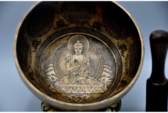 Amoghasiddhi Buddha Tibetan Singing Bowl – Thanka Artist Etched with Shree Yantra, Flower of Life & Double Dorje