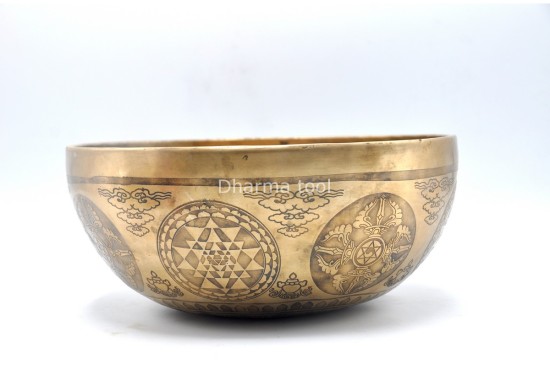 Amoghasiddhi Buddha Tibetan Singing Bowl – Thanka Artist Etched with Shree Yantra, Flower of Life & Double Dorje