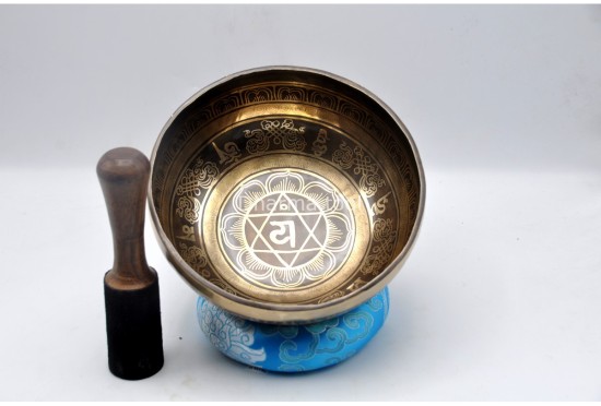 Chakra Symbol Tibetan Singing Bowl with Tibetan Mantra & Sacred Conch Design