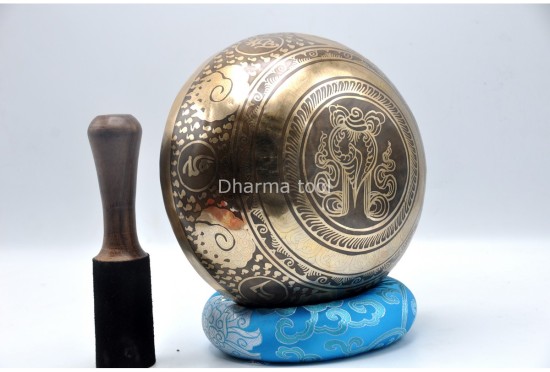 Chakra Symbol Tibetan Singing Bowl with Tibetan Mantra & Sacred Conch Design