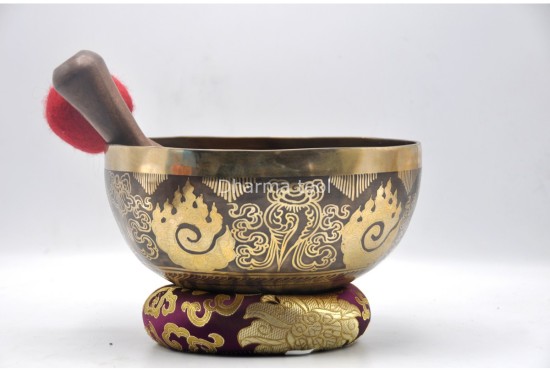 Ashtamangala Tibetan Singing Bowl with Nepa Mantra Wheel & Hindu Om Symbol