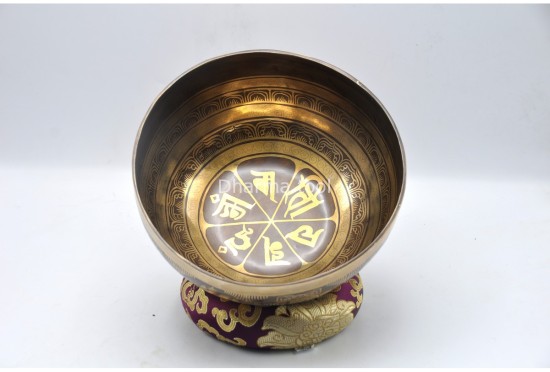 Ashtamangala Tibetan Singing Bowl with Nepa Mantra Wheel & Hindu Om Symbol