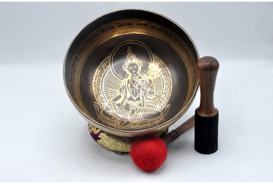 Green Tara Tibetan Singing Bowl with Nepa Script Mantra & Incense Burner Symbol