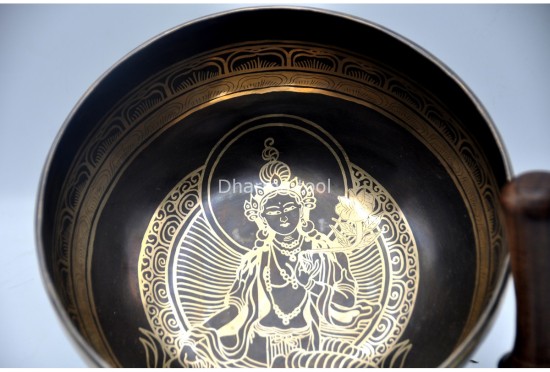 Green Tara Tibetan Singing Bowl with Nepa Script Mantra & Incense Burner Symbol