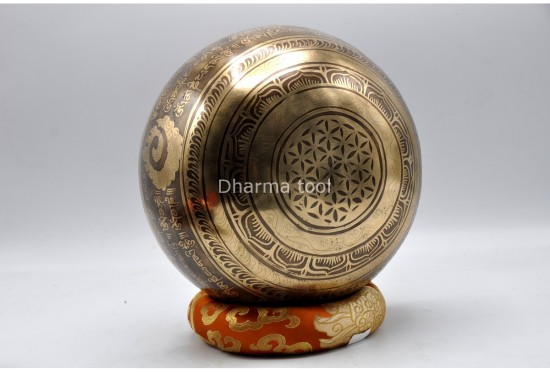 Double Dorje Tibetan Singing Bowl with Mantra & Fire Etching and Flower of Life Design