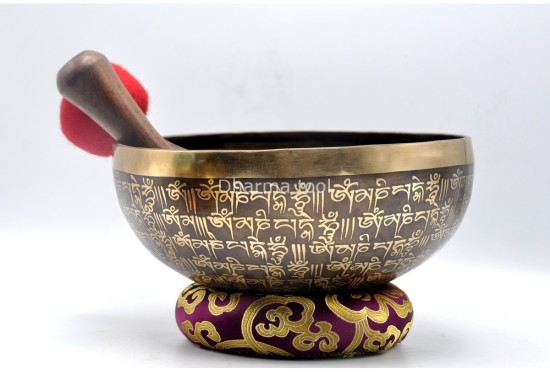 Tibetan Om Mantra Singing Bowl with Double Dorje Sacred Symbol