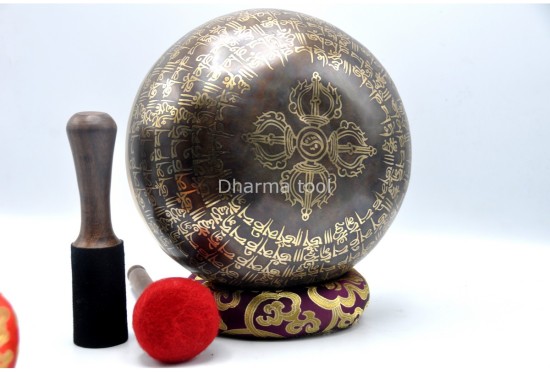 Tibetan Om Mantra Singing Bowl with Double Dorje Sacred Symbol