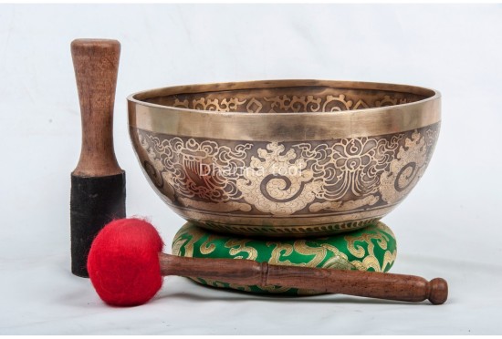 Flower of Life Tibetan Singing Bowl with Mantra, Eight Auspicious Symbols & Double Dorje