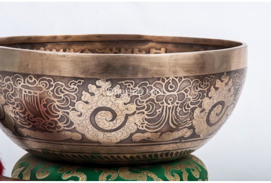 Flower of Life Tibetan Singing Bowl with Mantra, Eight Auspicious Symbols & Double Dorje