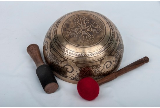 Flower of Life Tibetan Singing Bowl with Mantra, Eight Auspicious Symbols & Double Dorje