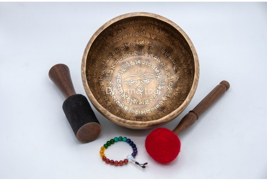 Mantra Etched Jhumka Singing Bowl with Buddha Eyes & Mantra Chakra
