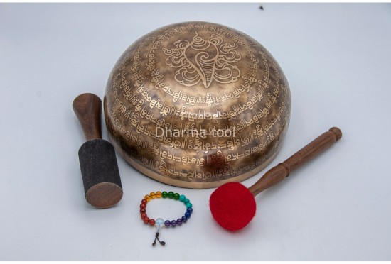 Mantra Etched Jhumka Singing Bowl with Tibetan Om & Tibetan Conch Design