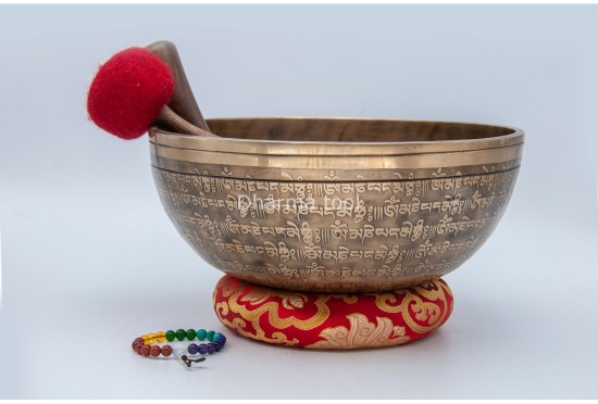 Mantra Etched Jhumka Singing Bowl with Tibetan Conch & Mantra Mandala