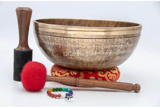 Mantra Etched Jhumka Singing Bowl with Tibetan Conch & Mantra Mandala