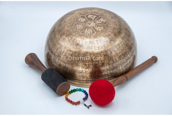 Mantra Etched Jhumka Singing Bowl with Tibetan Conch & Mantra Mandala