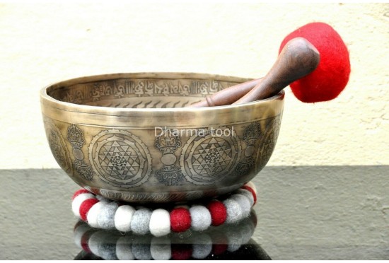 Lingam Tibetan Singing Bowl with Shree Yantra Symbols & Lotus Mantra Engraving