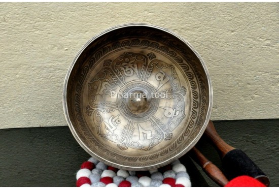 Lingam Tibetan Singing Bowl with Shree Yantra Symbols & Lotus Mantra Engraving