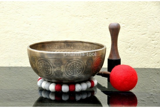 Lingam Tibetan Singing Bowl with Shree Yantra Symbols & Lotus Mantra Engraving