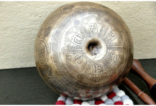 Lingam Tibetan Singing Bowl with Shree Yantra Symbols & Lotus Mantra Engraving