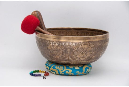 Lingam Tibetan Singing Bowl with Eight Auspicious Symbols, Lotus Mantra & Mandala Design