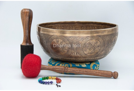 Lingam Tibetan Singing Bowl with Eight Auspicious Symbols, Lotus Mantra & Mandala Design
