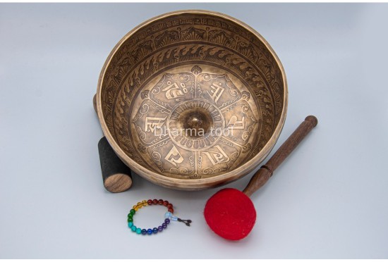 Lingam Tibetan Singing Bowl with Eight Auspicious Symbols, Lotus Mantra & Mandala Design