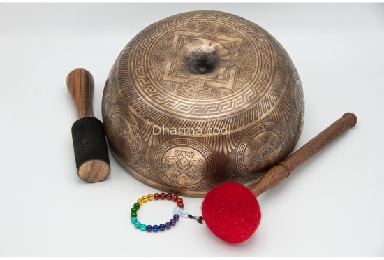 Lingam Tibetan Singing Bowl with Eight Auspicious Symbols, Lotus Mantra & Mandala Design