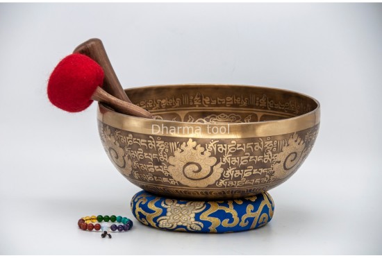 Buddha Tibetan Singing Bowl with Ashtamangala Symbols, Tibetan Mantra & Flower of Life Design