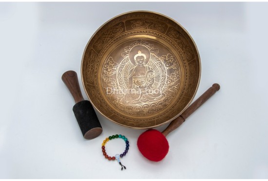 Buddha Tibetan Singing Bowl with Ashtamangala Symbols, Tibetan Mantra & Flower of Life Design
