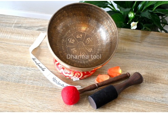 Full Tibetan Mantra Etched Singing Bowl with Mantra Mandala & Double Dorje (Multiple Sizes)