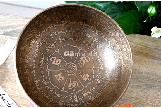 Full Tibetan Mantra Etched Singing Bowl with Mantra Mandala & Double Dorje (Multiple Sizes)