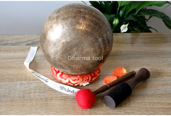 Full Tibetan Mantra Etched Singing Bowl with Mantra Mandala & Double Dorje (Multiple Sizes)