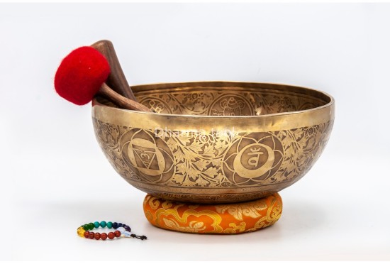 Premium Buddha Foot Tibetan Singing Bowl with Seven Chakra Symbols & Flower of Life