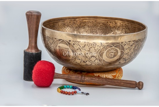 Premium Buddha Foot Tibetan Singing Bowl with Seven Chakra Symbols & Flower of Life