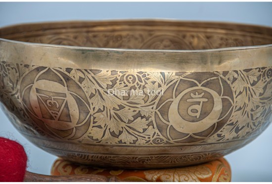 Premium Buddha Foot Tibetan Singing Bowl with Seven Chakra Symbols & Flower of Life