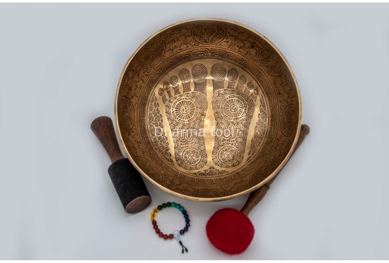 Premium Buddha Foot Tibetan Singing Bowl with Seven Chakra Symbols & Flower of Life