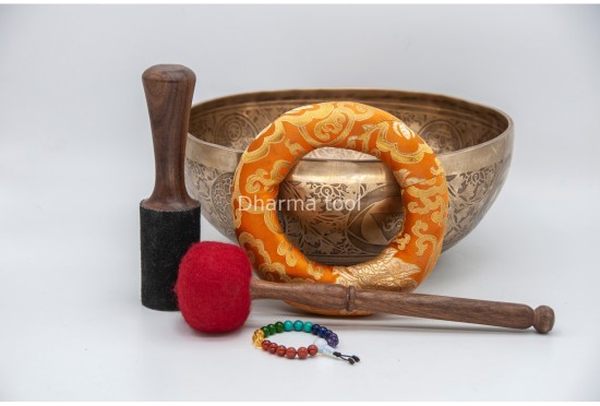 Premium Buddha Foot Tibetan Singing Bowl with Seven Chakra Symbols & Flower of Life