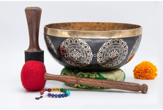 Shree Yantra Tibetan Singing Bowl with Golden Interior & Etched Sacred Geometry