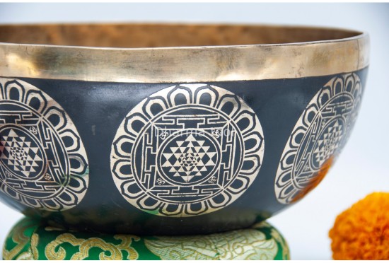 Shree Yantra Tibetan Singing Bowl with Golden Interior & Etched Sacred Geometry