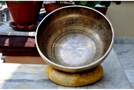 Eyes of Buddha Etched Tibetan Singing Bowl – Handmade with Tibetan Mantra & Dharma Chakra (Multiple Size Options)