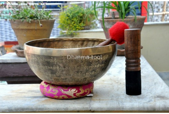 Tibetan Mantra & Endless Knot Etched Singing Bowl – Handmade Himalayan Bowl with Double Dorje (Multiple Size Options)