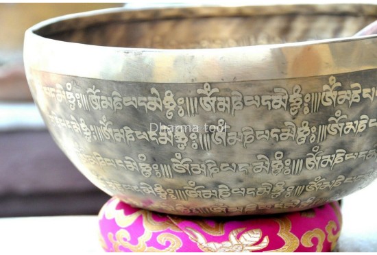 Tibetan Mantra & Endless Knot Etched Singing Bowl – Handmade Himalayan Bowl with Double Dorje (Multiple Size Options)