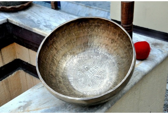 Tibetan Mantra & Endless Knot Etched Singing Bowl – Handmade Himalayan Bowl with Double Dorje (Multiple Size Options)