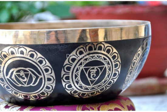 7 Chakra Symbols Etched Tibetan Singing Bowl – Multiple Size Options